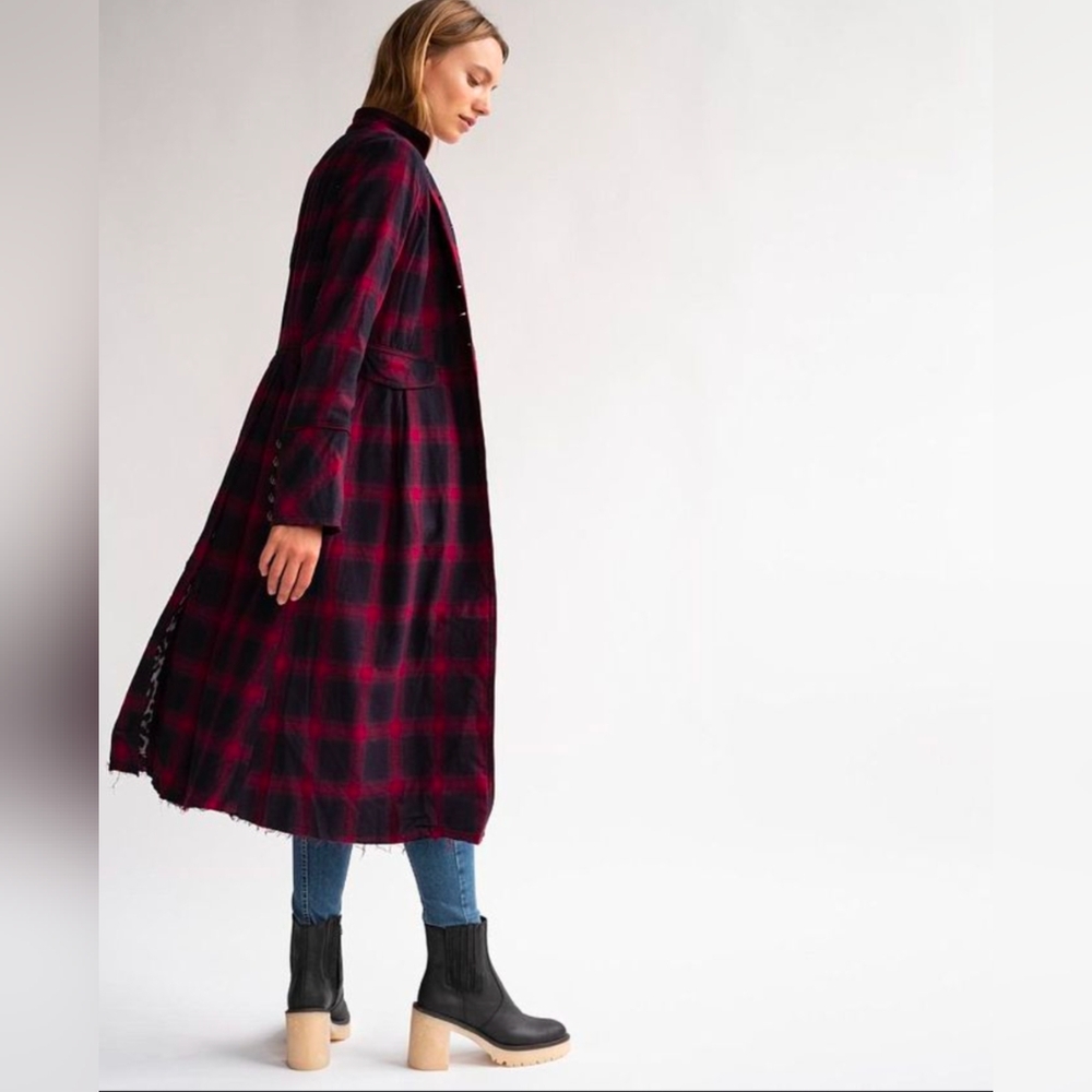 Free People x CP Shades Odessa Maroon Plaid Flannel Midi Duster Jacket XS